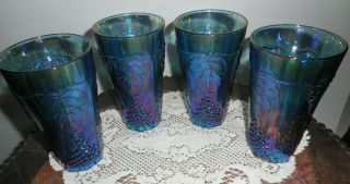 Vintage Indiana Blue Grapes Carnival Glass Four 12 Oz.  Tumblers
