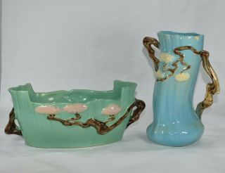 Vintage Roseville Pottery Ming Tree Art Deco Green Bowl And Blue Vase 582 - 8