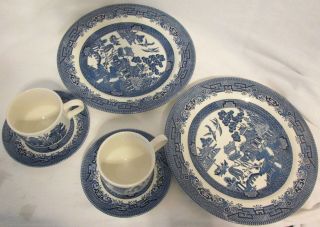 Vintage Churchill England Blue Willow 6pc Dinnerware Dinner Plates Cups Saucers 2