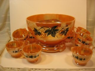 Anchor Hocking Peach Lustre Orange Punch Bowl With 11 Cups & Base