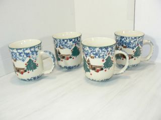 4 Tienshan Folk Craft Cabin In The Snow Coffee Mugs Cups Spongeware Christmas