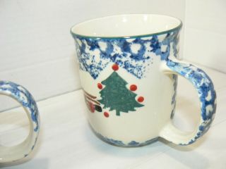 4 Tienshan Folk Craft CABIN IN THE SNOW Coffee Mugs Cups Spongeware Christmas 7