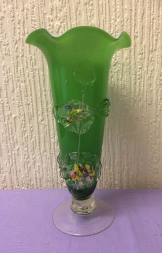 Antique Murano ? Glass Applied Flower Design Hand Blown Cased Vase Perfect Cond