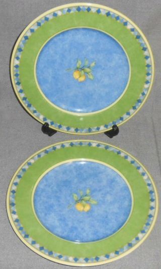 1999 Set (2) Royal Doulton Carmina Pattern Salad Plates Lemons Blue Center