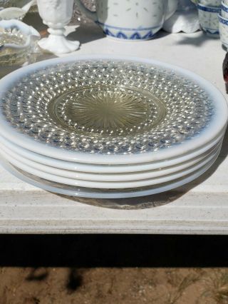 5 Vintage 1950 ' s opalescent moonstone White Hobnail plates 5 plates 4