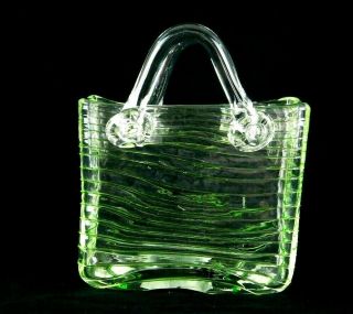Lime Green Swirl Art Glass Basket Tote Hand Blown Vase With Handles Vintage