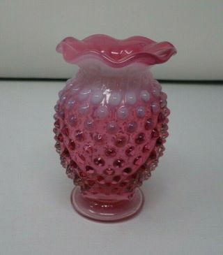 Fenton Hobnail Glass Vase Cranberry Opalescent Crimped Fluted Ruffle Rim Vintage