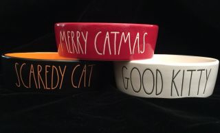 Rae Dunn Halloween & Christmas Set 3 Bowls Scaredy Cat,  Merry Catmas,  Good Kitty