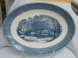 Currier & Ives Royal China Blue Oval Serving Platter 13 " Old Inn Winter Horse