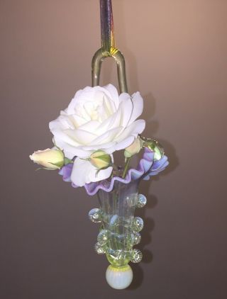 Mid Century Epergne Murano Vaseline Glass Crimp Flower Horn Hanging Basket Rare