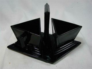 Vtg Black Glass Cream & Sugar Set & Tray - Very Angular - No Marks - Streamline - Deco -