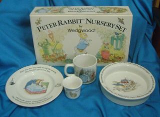 4 Piece Peter Rabbit Nursery Set By Wedgwood Vtg Plate,  Porringer,  Mug & Egg Cup
