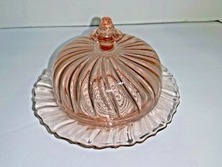 Vintage Pink Depression Glass round BUTTER DISH with Lid 3