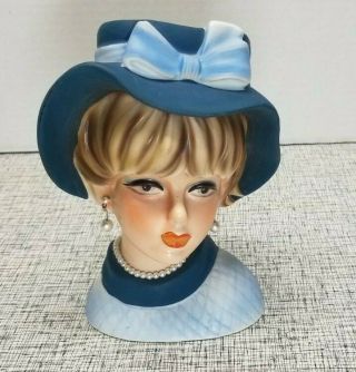 Vintage Napco Napcoware Blue Dress Lady Head Vase Blue Eye Pearls Earrings