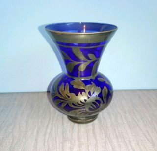 Vintage 925 Sterling Silver Overlay Hand Blown Cobalt Blue Glass Vase Floral