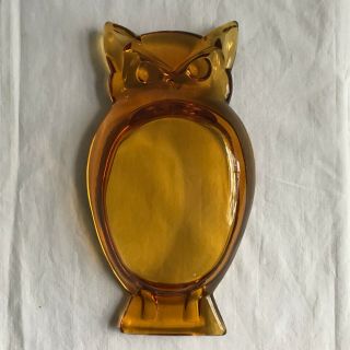 Vintage Halloween Viking Art Glass Amber Owl Ashtray Mid Century Mcm