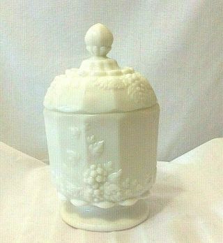 Westmoreland Paneled Grape Milk Glass Covered Candy Jar 6 1/2 " High Marked