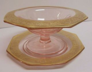 2 Pc Pink Depression Glass With Gold Trim Candy Dish,  Plate & Bowl Set