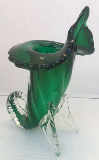 Murano Seguso Art Glass Cornucopia Vase Emerald Green & Clear 1960 - 70 Vintage