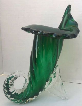 Murano SEGUSO ART GLASS CORNUCOPIA VASE Emerald Green & Clear 1960 - 70 VINTAGE 3