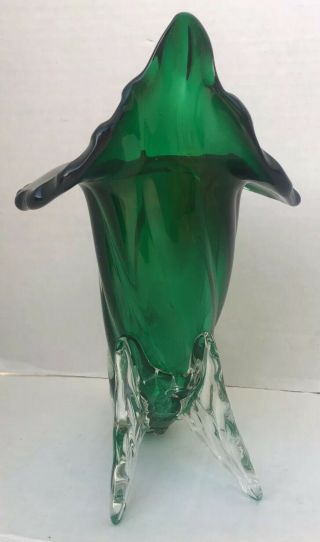 Murano SEGUSO ART GLASS CORNUCOPIA VASE Emerald Green & Clear 1960 - 70 VINTAGE 4