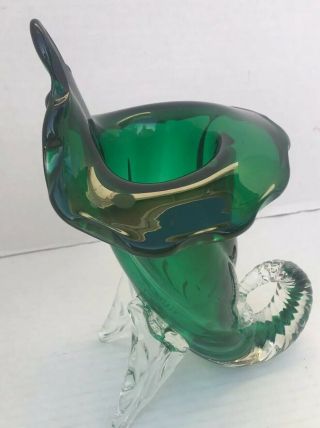 Murano SEGUSO ART GLASS CORNUCOPIA VASE Emerald Green & Clear 1960 - 70 VINTAGE 5