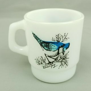 Blue Jay White Milk Glass Coffee Mug Anchor Hocking Fire King D - Handle Usa