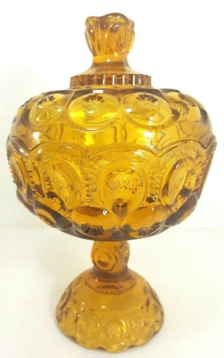 Le Smith Glass Moon And Stars Compote Amber Pedestal Covered Bowl Candy Dish