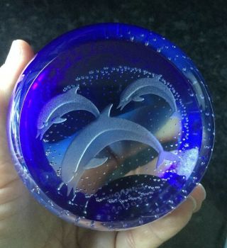 Rare Caithness,  Scotland Blue Bubble Three Dolphin Paperweight Signed