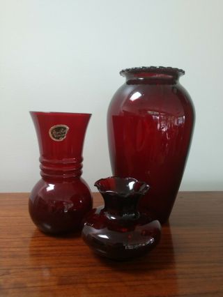 Vintage Anchor Hocking Royal Ruby Red Large 9 " Hoover Vase Plus 2