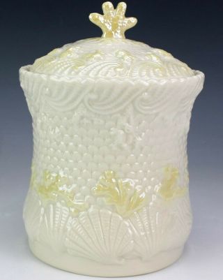 Vintage Belleek Fine Irish Bone China Porcelain Green Mark Coral Biscuit Jar Sms