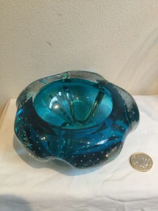 Vintage Blue Controlled Bubble Dish/ash Tray.  (could Be Whitefriars Or Murano ?)