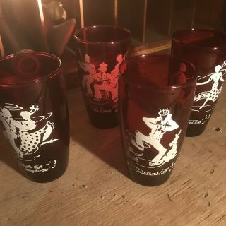 Anchor Hocking Hoe Down Square Dancers Vintage Tumblers Ruby Red Set Of 4 Look