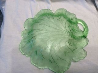 Green Leaf Vaseline Glass Fruit Bowl / Salad Plate / Candy Dish Vintage Uranium
