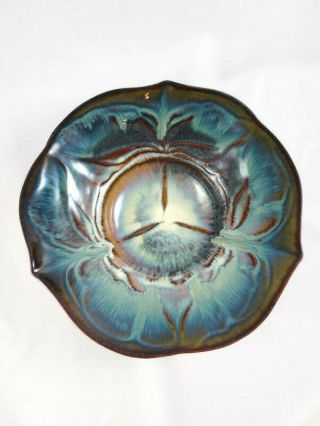 9.  5 " Bill Campbell Signed Studio Art Pottery Low Bowl Flambe Drip Glaze Petal