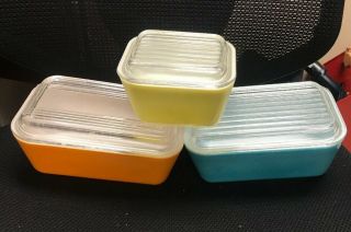 Vintage Pyrex Primary 6pc Refrig Dishes Blue/orange/yellow W/covers 501 502 502