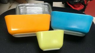 Vintage Pyrex Primary 6pc Refrig Dishes Blue/orange/Yellow W/Covers 501 502 502 2