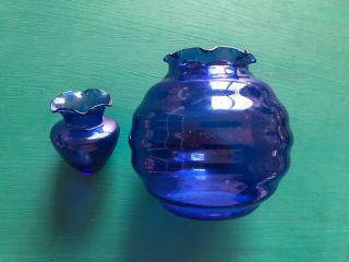 Vintage Cobalt Blue Glass 6 " Tall Vase Bowl Dish Pourer 2 Piece Unsigned Item