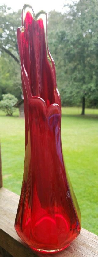 Vintage 13.  5 " Tall Red Amberina Viking Art Glass Large Swung Retro Vase Euc