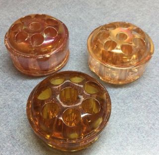4 Vintage Marigold Carnival Glass Flower Frog 8 Holes 2.  5 " Diameter