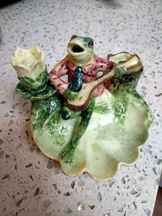 Vintage Majolica Pottery Frog Playing Mandolin Smoking Set Match Holder Striker