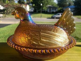 Vintage Indiana Glass Beaded Chicken Hen On Nest 7 " Gold Carnival Gorgeous