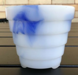 Vintage Akro Agate Blue White Swirl Slag Glass Ribbed Flower Pot Planter 2.  5”