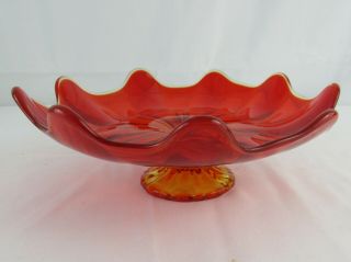 Vintage Amberina Glass Candy Dish Bowl Red Orange Yellow Footed Pedestal Ruffled