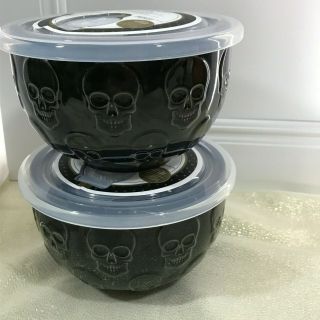 Ciroa Wicked Black Skulls Microwave Storage Bowls Set Of 2 Silicone Seal Lids