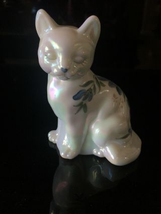 Fenton Art Glass Iridescent White Hand Painted Cat