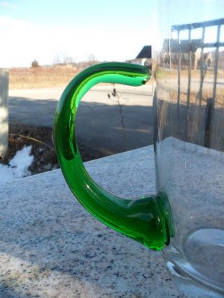 Hand BLOWN GLASS Elegant PITCHER Clear Art Glass w/ Green Jug Applied Handle 9 
