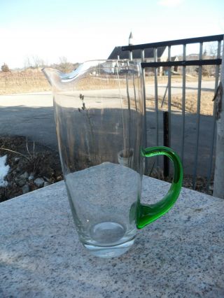 Hand BLOWN GLASS Elegant PITCHER Clear Art Glass w/ Green Jug Applied Handle 9 