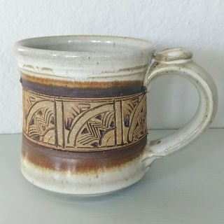 Vintage Signed Blaisdell Pottery Mug Hand Thrown Carved Stoneware Gray Brown