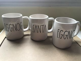 Rae Dunn Set Of 3 Christmas Mugs,  2 Eggnog 1 Santa With Tags